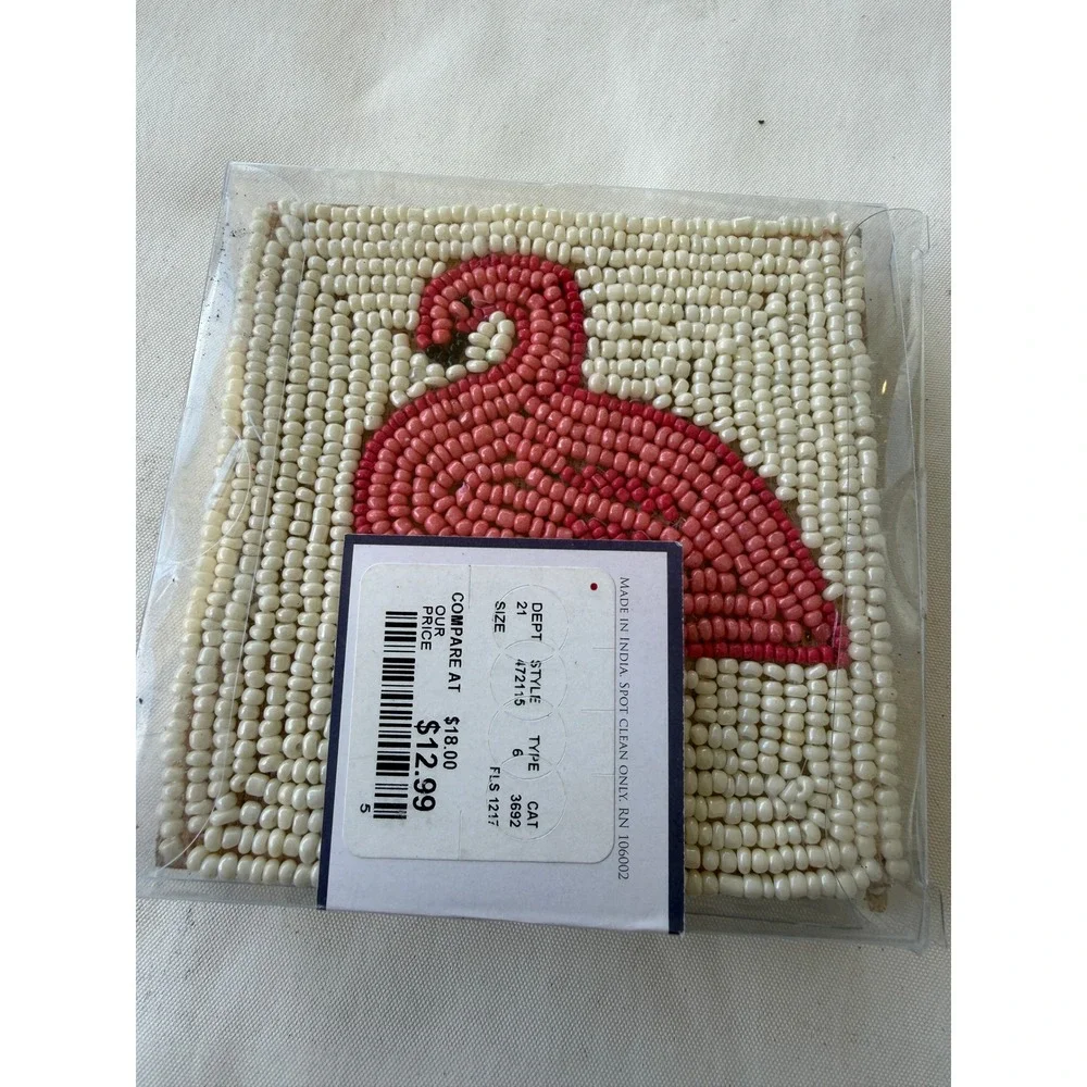 Coastal Collection Set of 4 Hand Beaded Pink Flamingo Coasters Tropical Decor